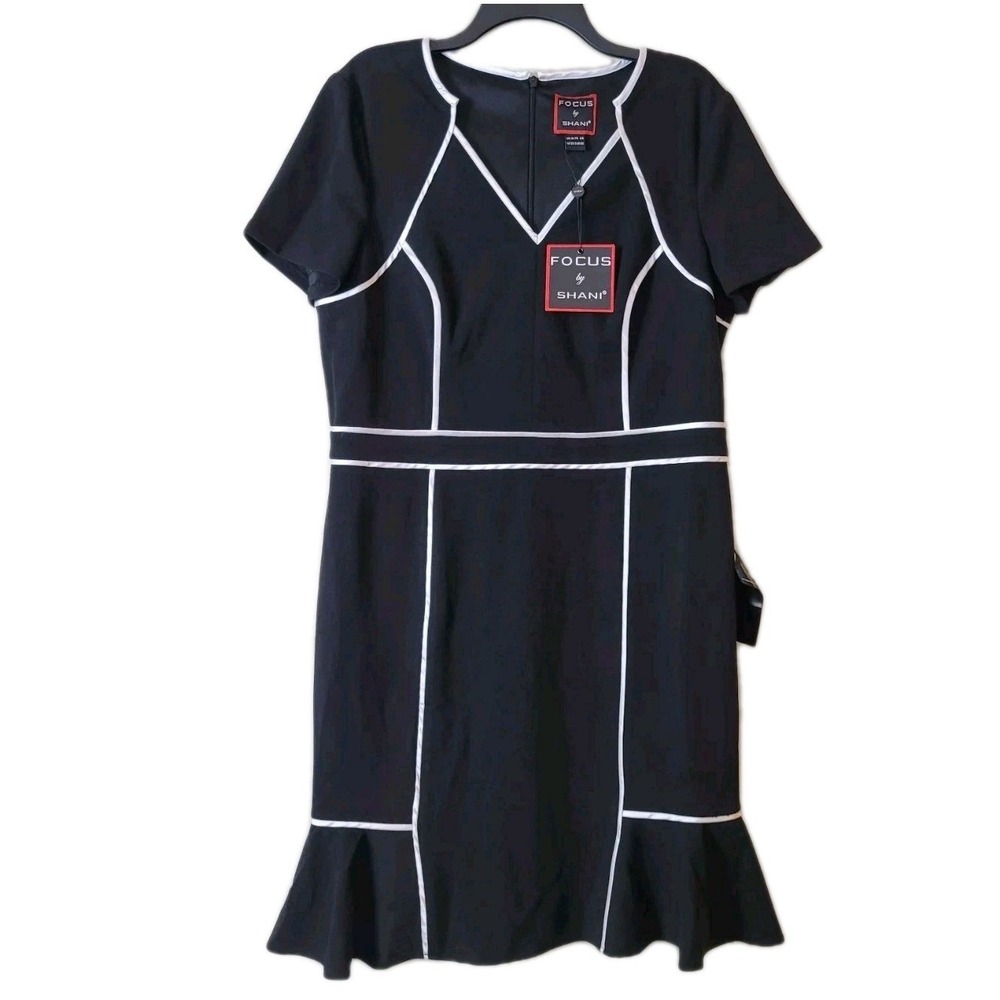 Focus by Shani Black Ponte Dress- Size 16- White Contrast Piping Tulip Hem- NWT‎